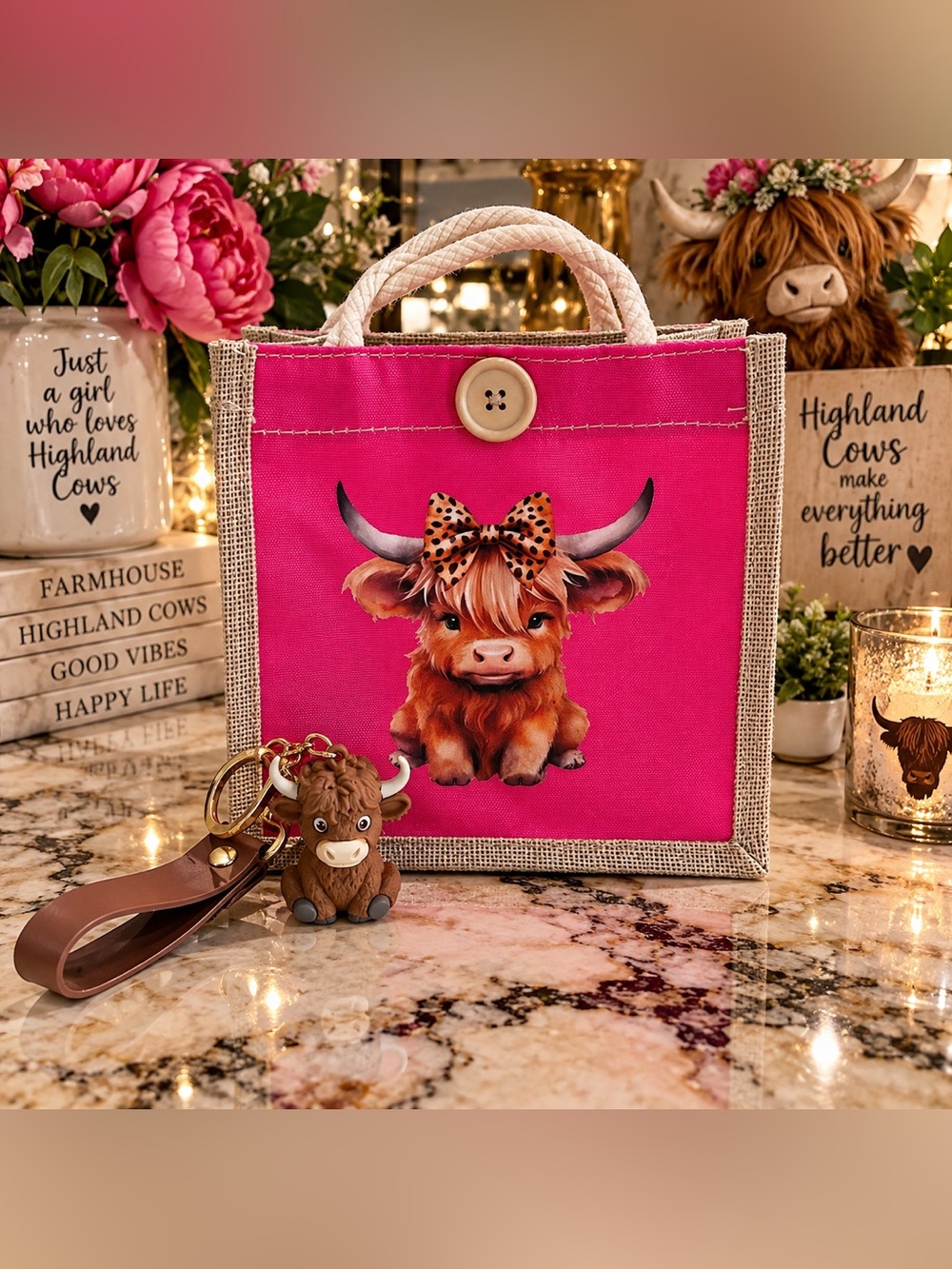 Hot pink Highland Cow mini Tote Bag with highland cow wristlet keychain